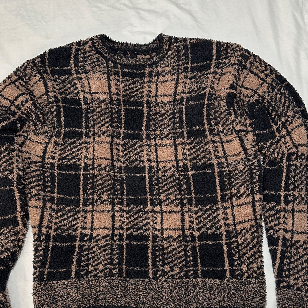 SKIMS Black and Tan Plaid Crewneck Sweater